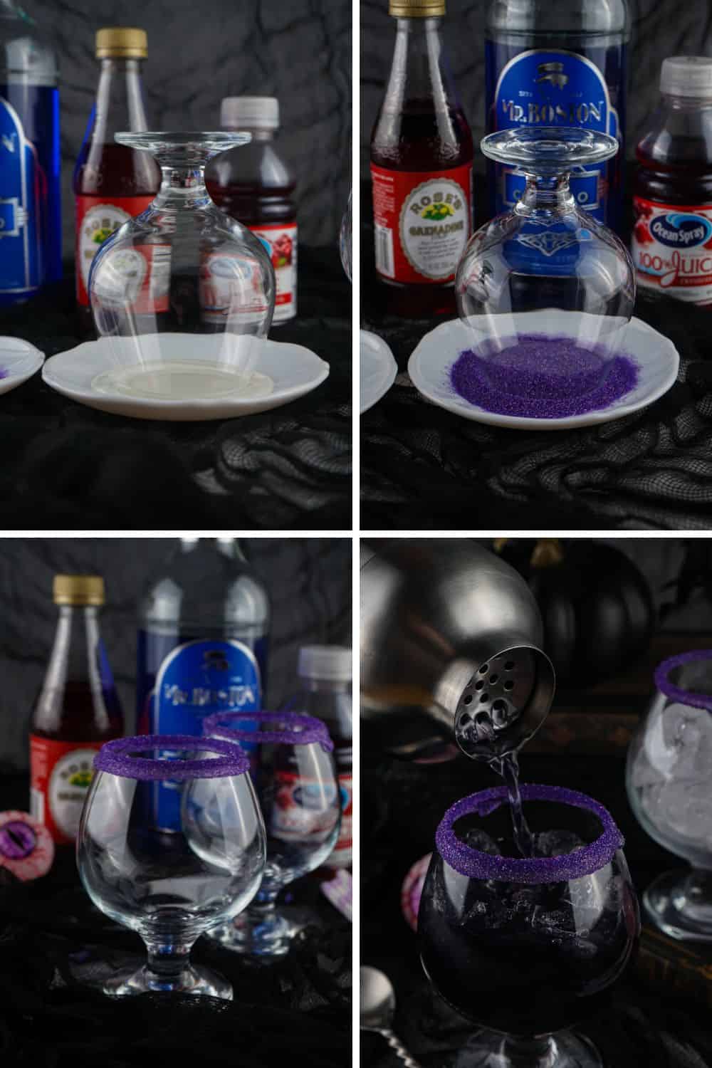 Serving the coctail in a glass with a purple rim.