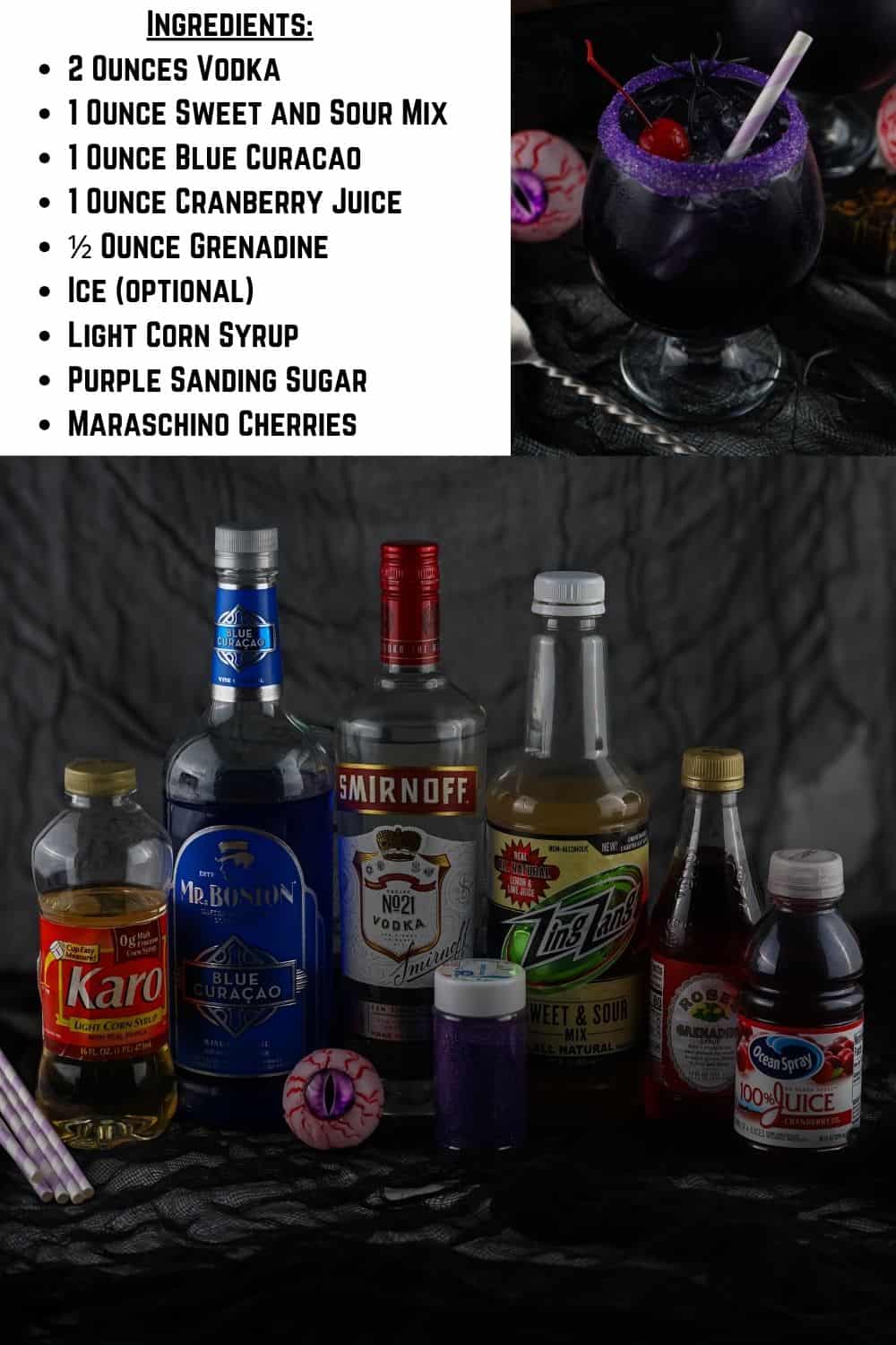 Headon photo of Purple People Eater Cocktail Ingredients.