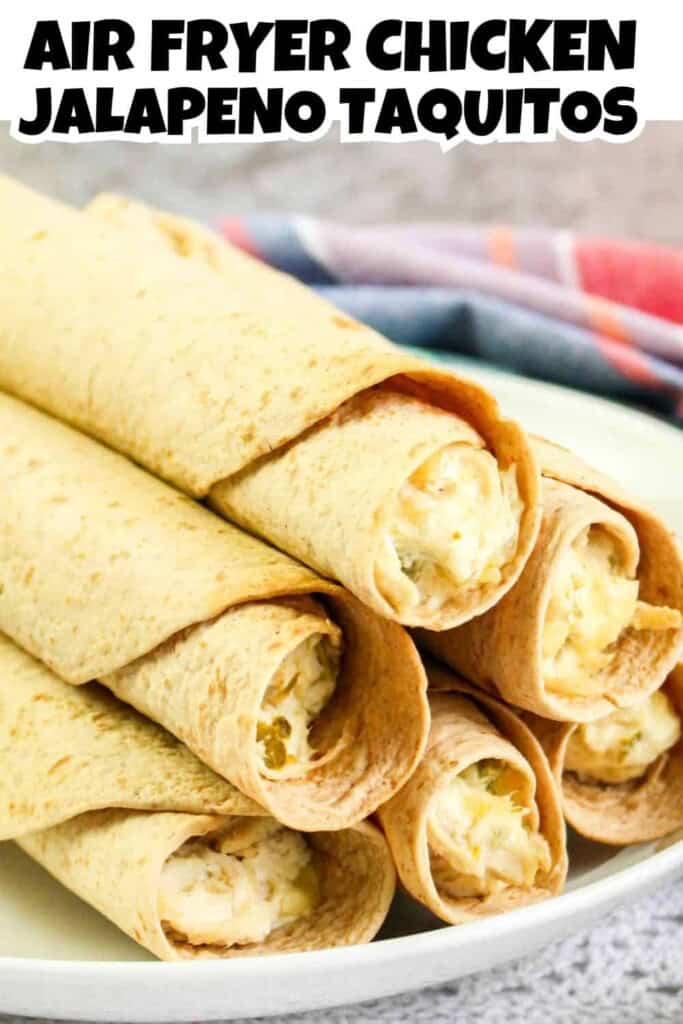 Air Fryer Chicken Taquitos on a white plate.