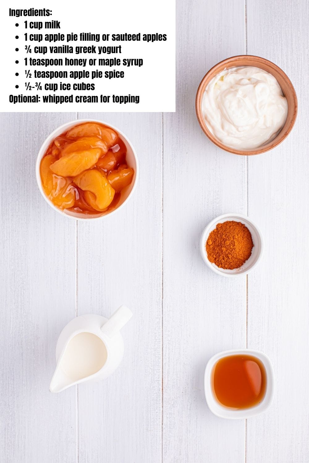 Overhead view of Apple Pie Smoothie Ingredients.