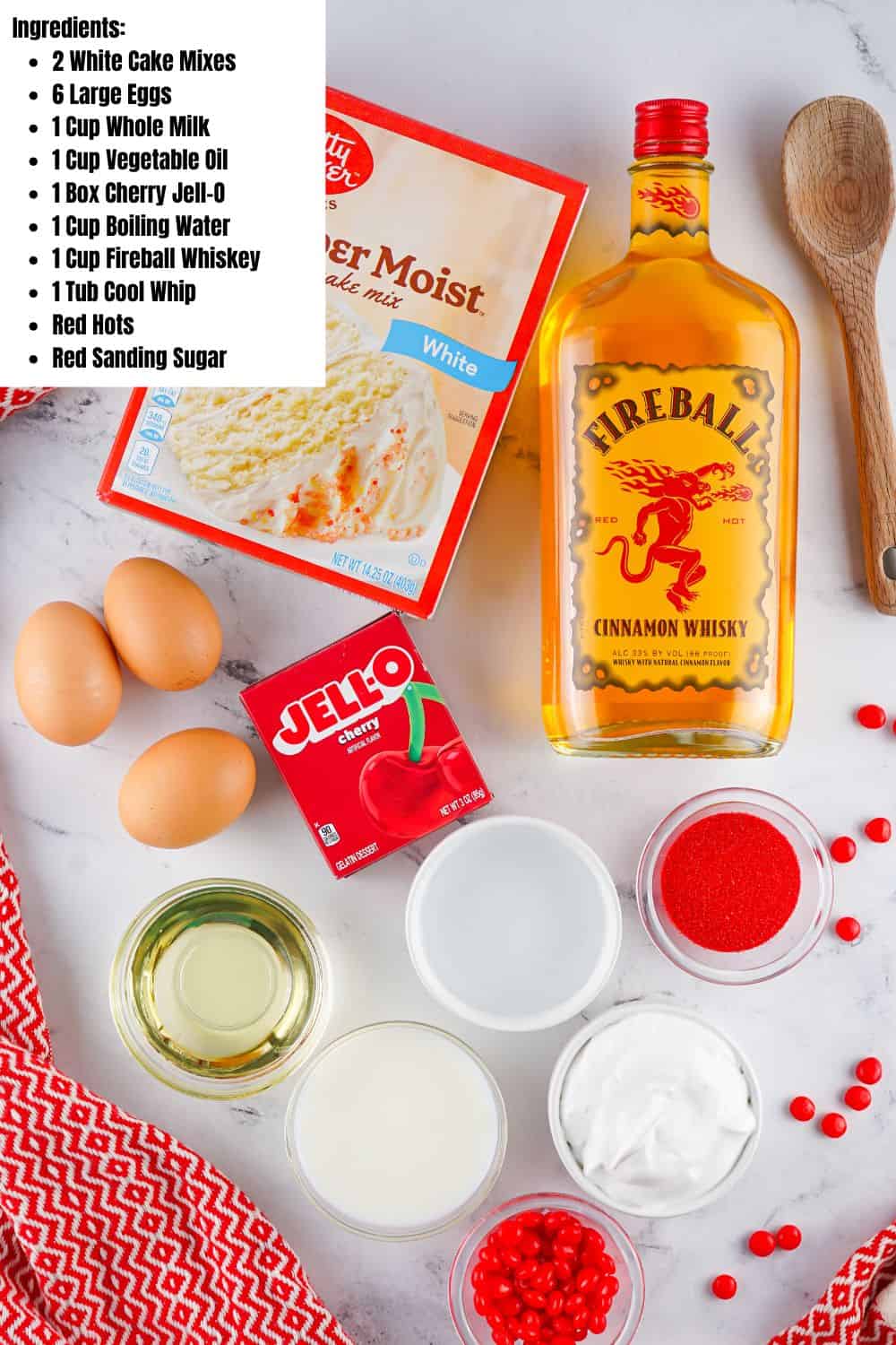 Overhead view of Fireball Cake Ingredients.