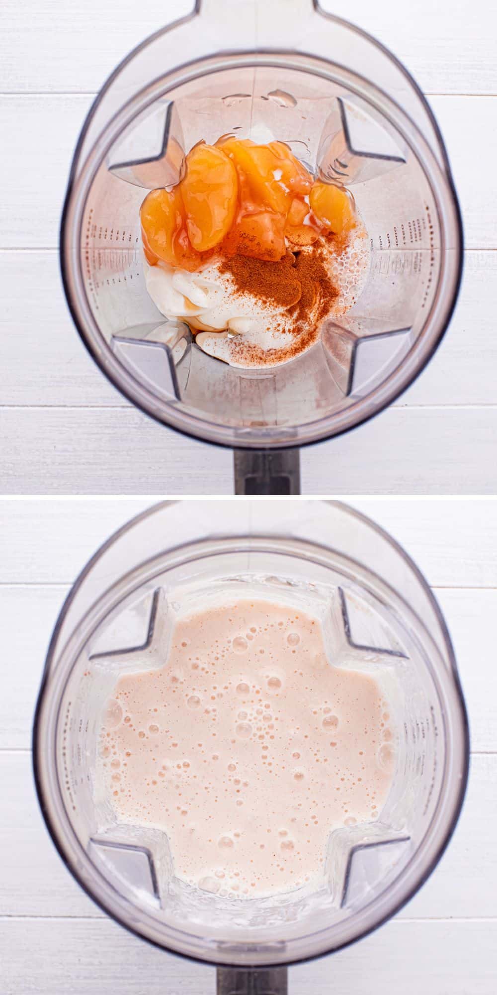 Overhead view of smoothie ingredients in a blender.