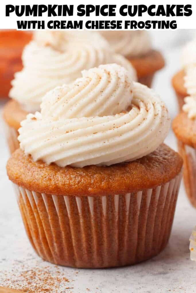 Headon view of pumpkin spice cupcake with cream cheese frosting.