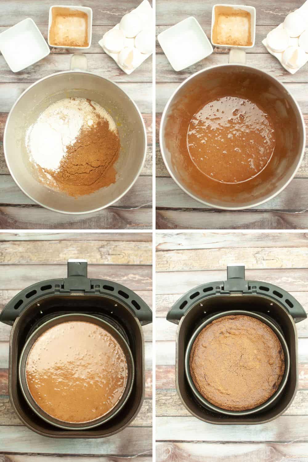 Overhead view of air fryer brownie prep steps.