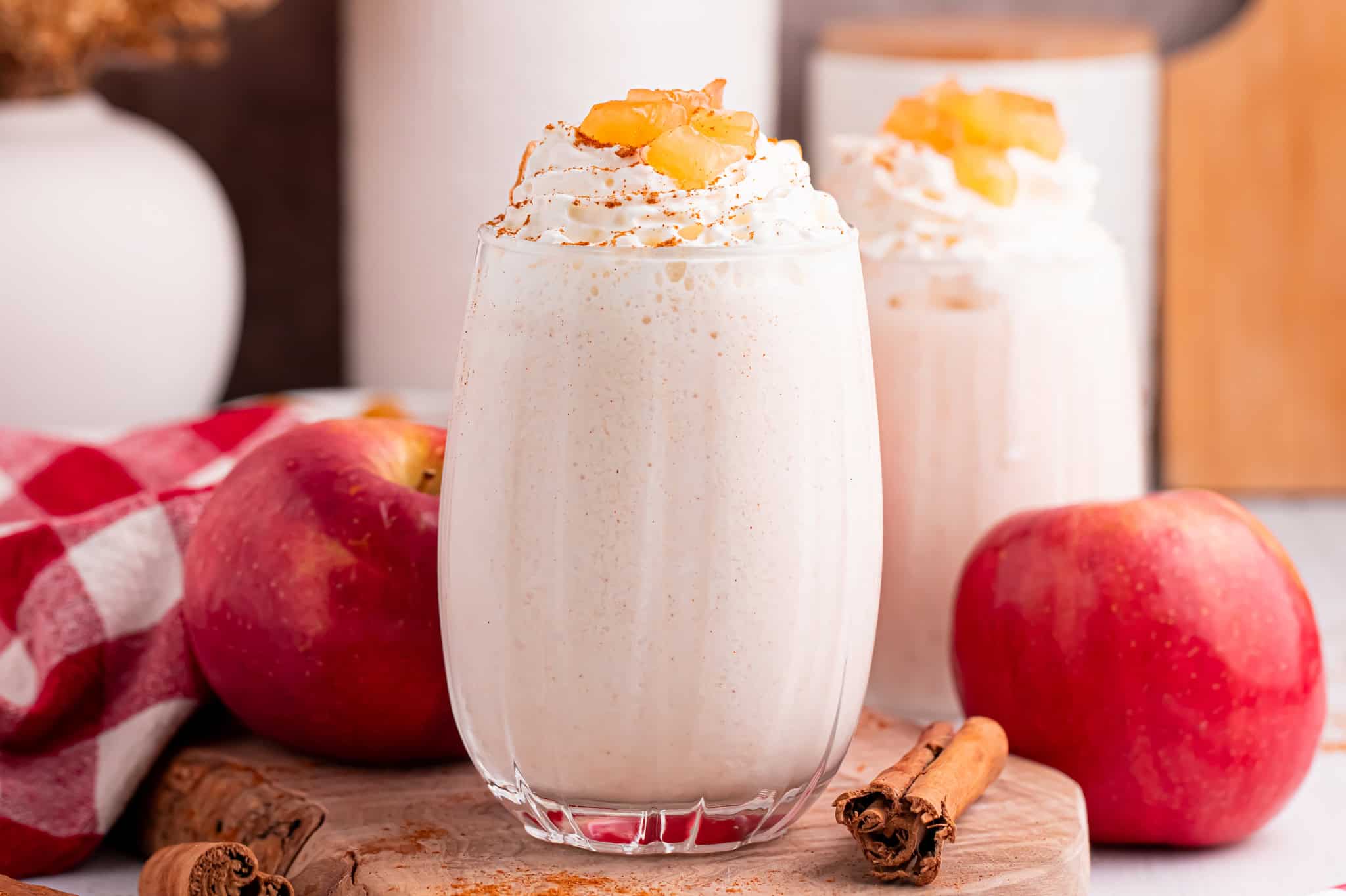 Overhead view of apple pie smoothie.