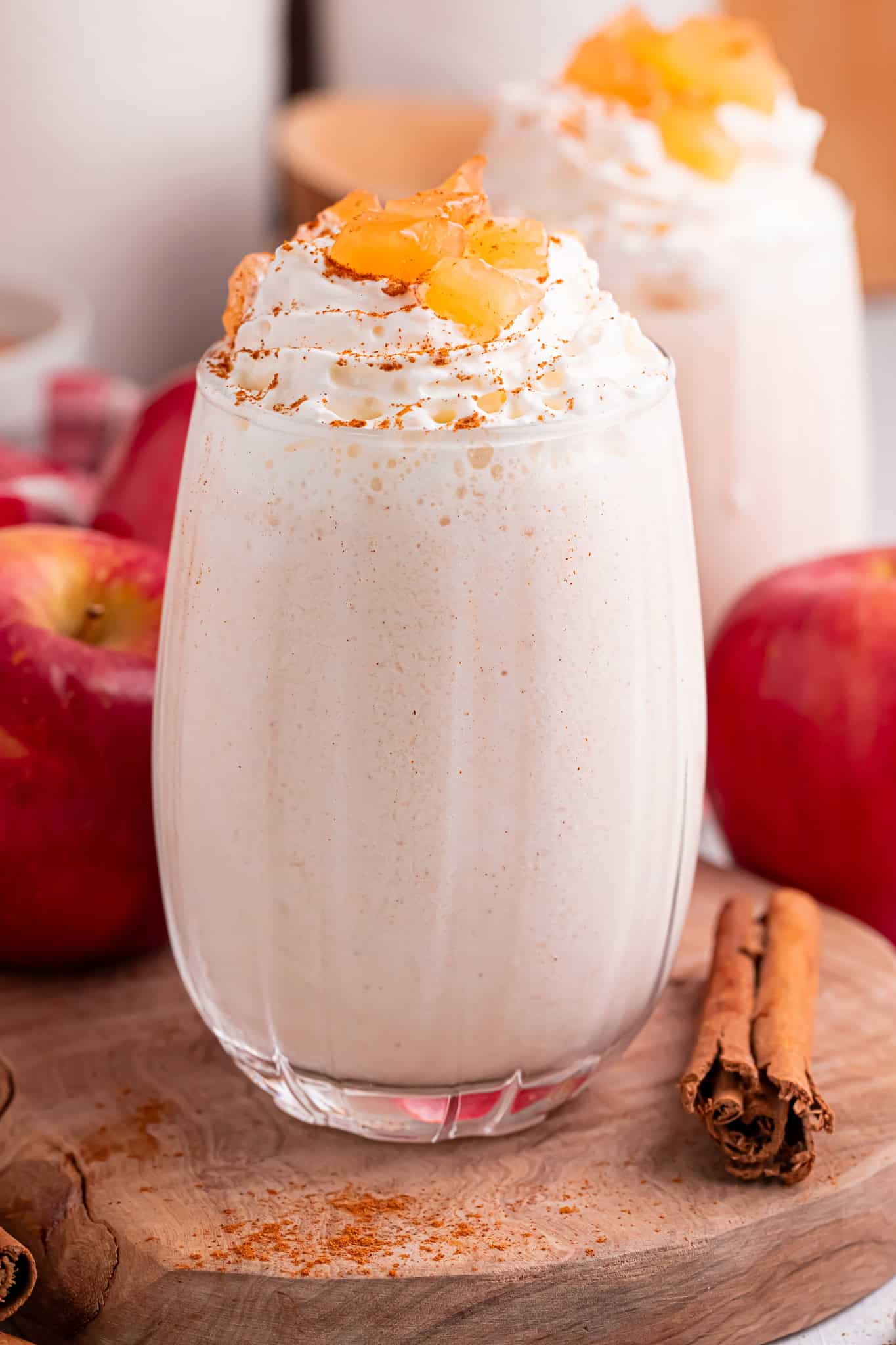 Headon photo of apple pie smoothie.