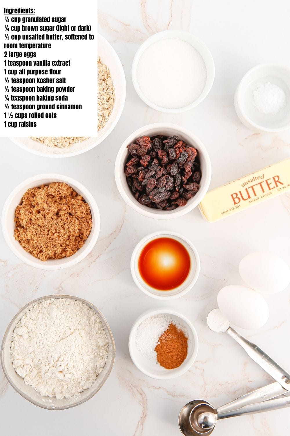 Overhead view of ingredients for oatmeal raisin cookies made in the air fryer.