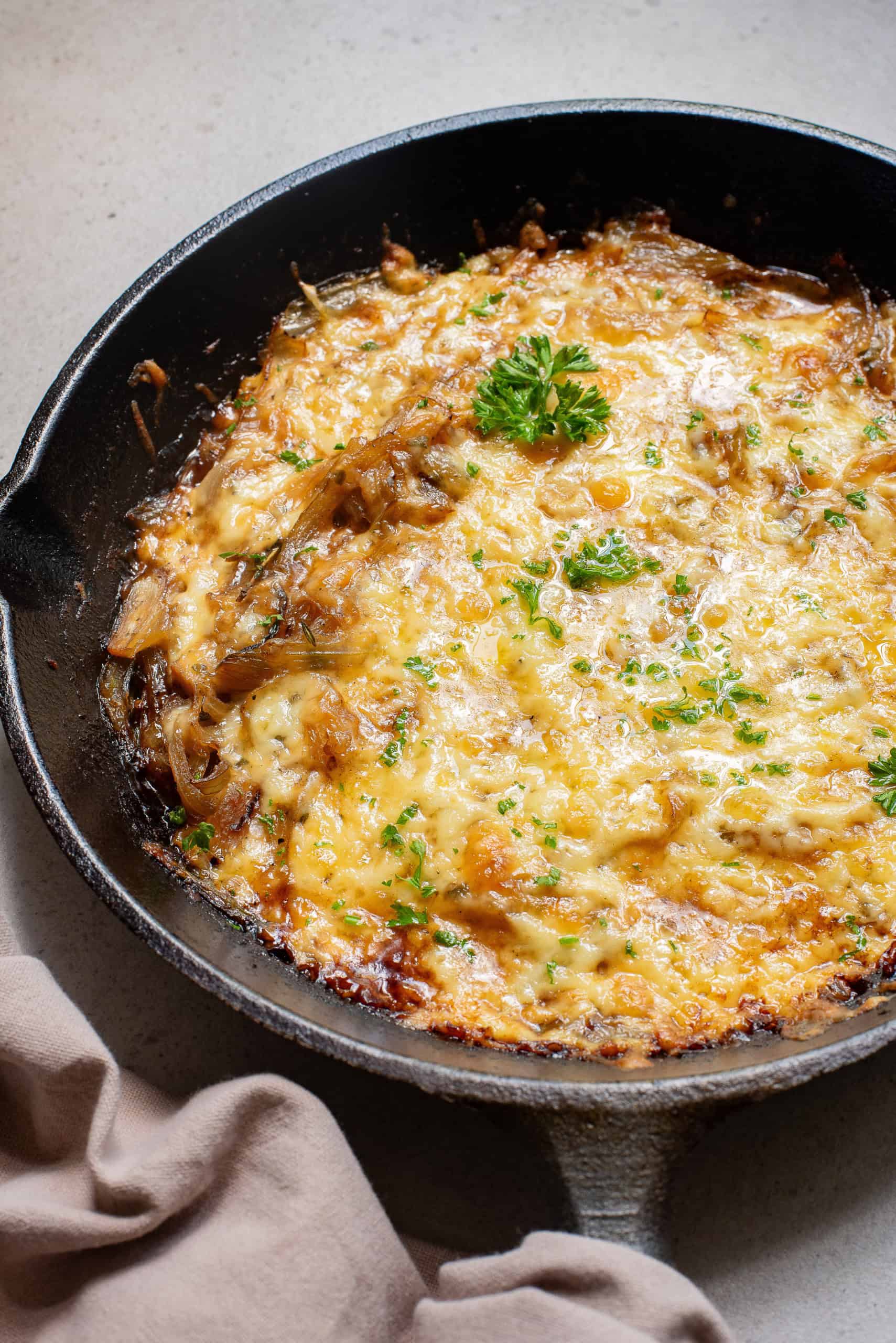 Overhead view Baked French Onion Soup Casserole.