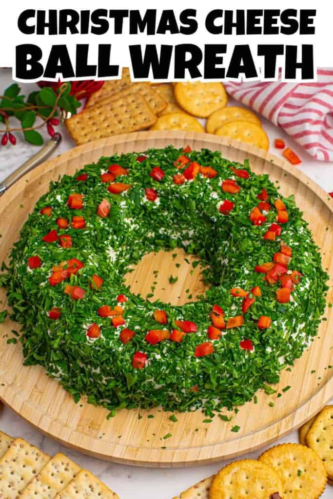 Overhead view of Christmas Cheese Ball Wreath Pin.
