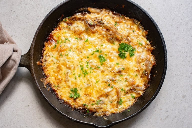 Overhead view of French Onion Soup Casserole.