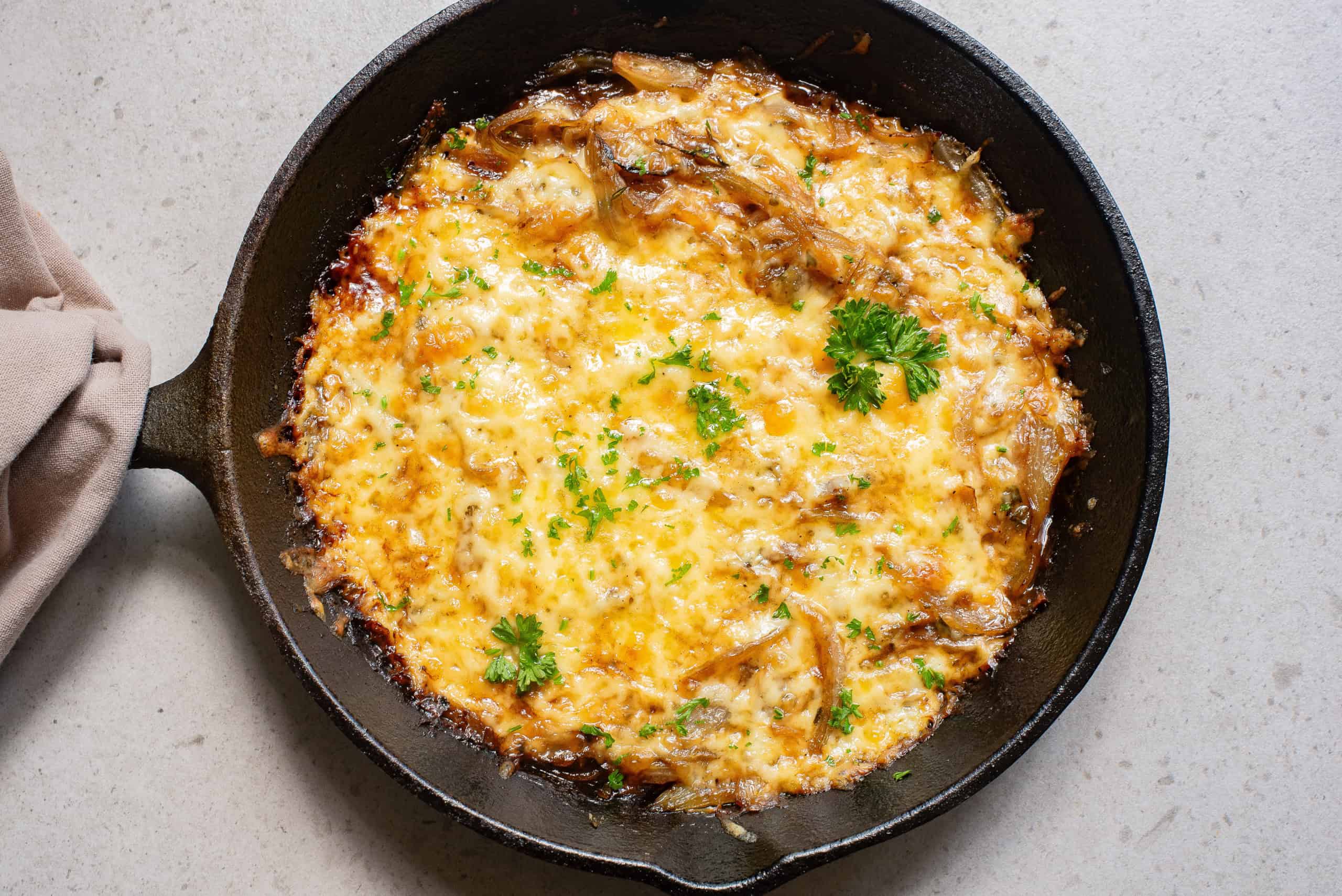 Overhead view of French Onion Soup Casserole.