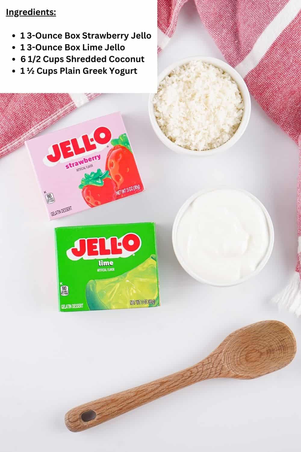 Overhead view of ingredients for Jello Balls.