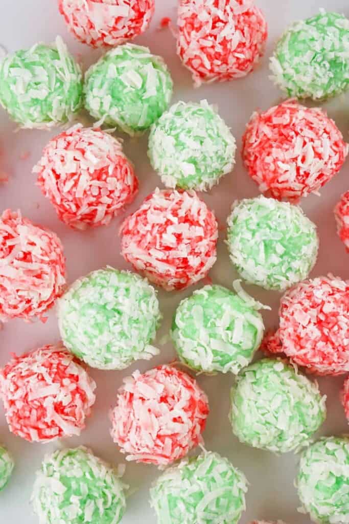 Ovehead view of red and green Jello balls.