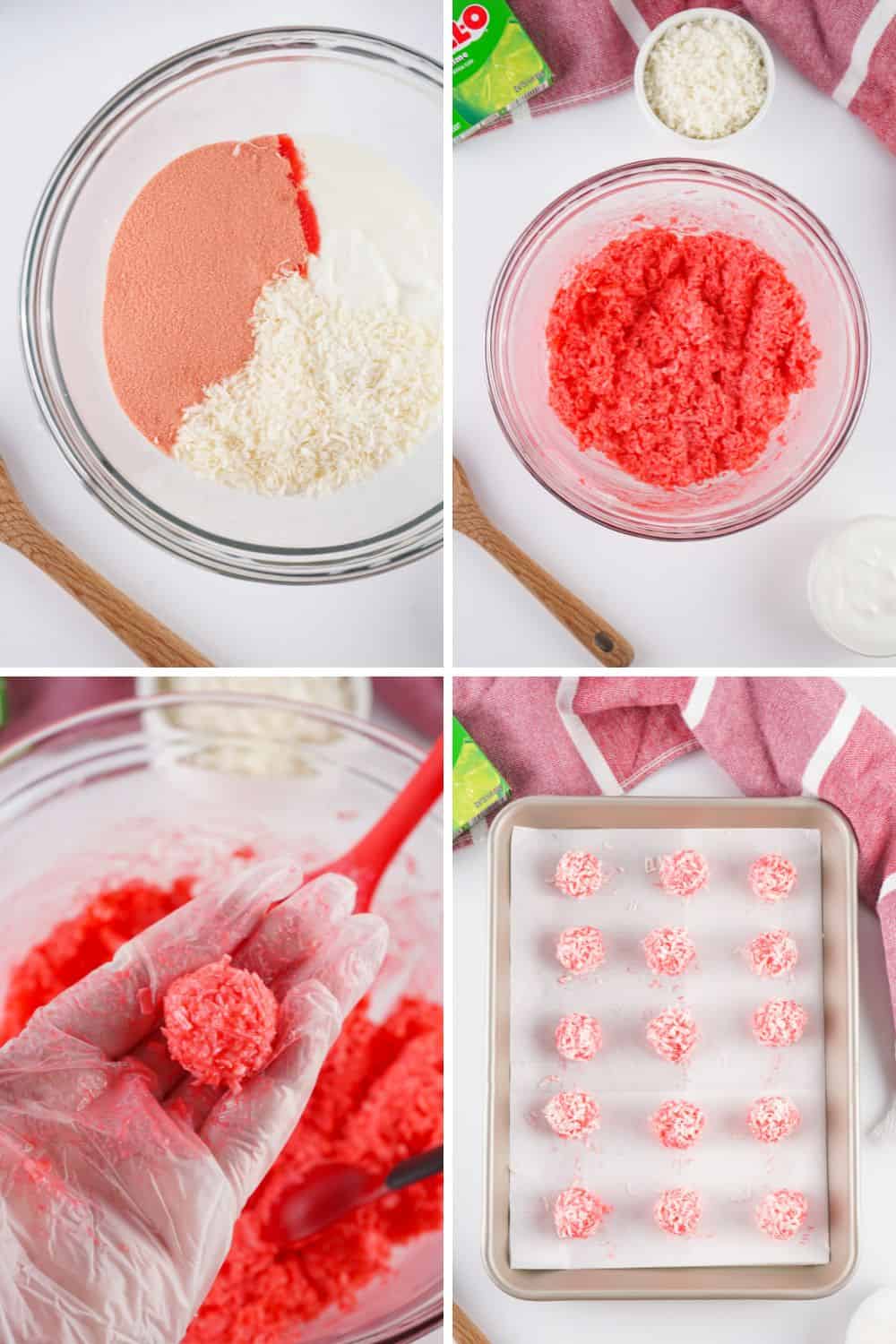 Overhead view preparing red Jello balls.