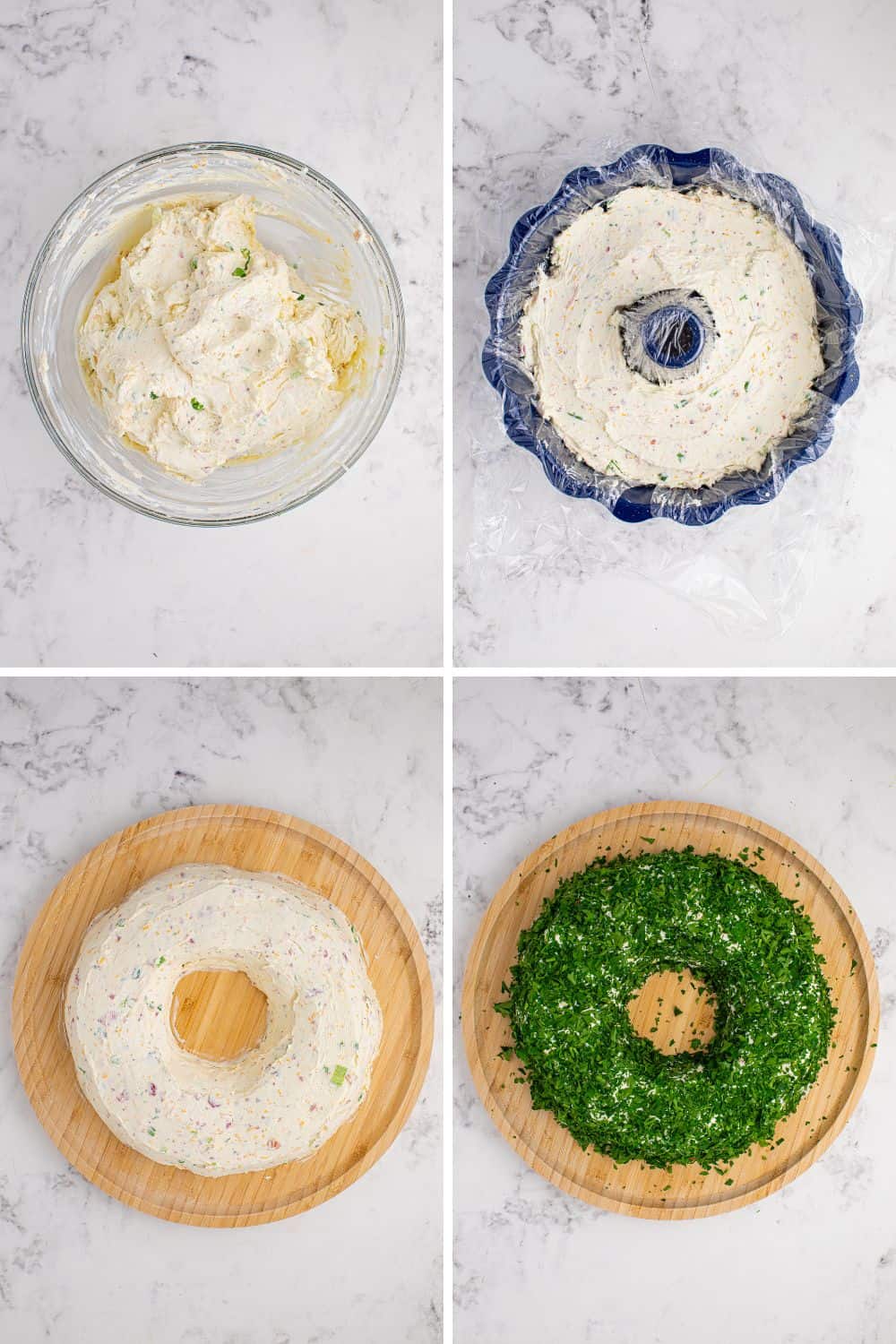 Overhead view of steps to make Christmas Wreath Cheese Ball.