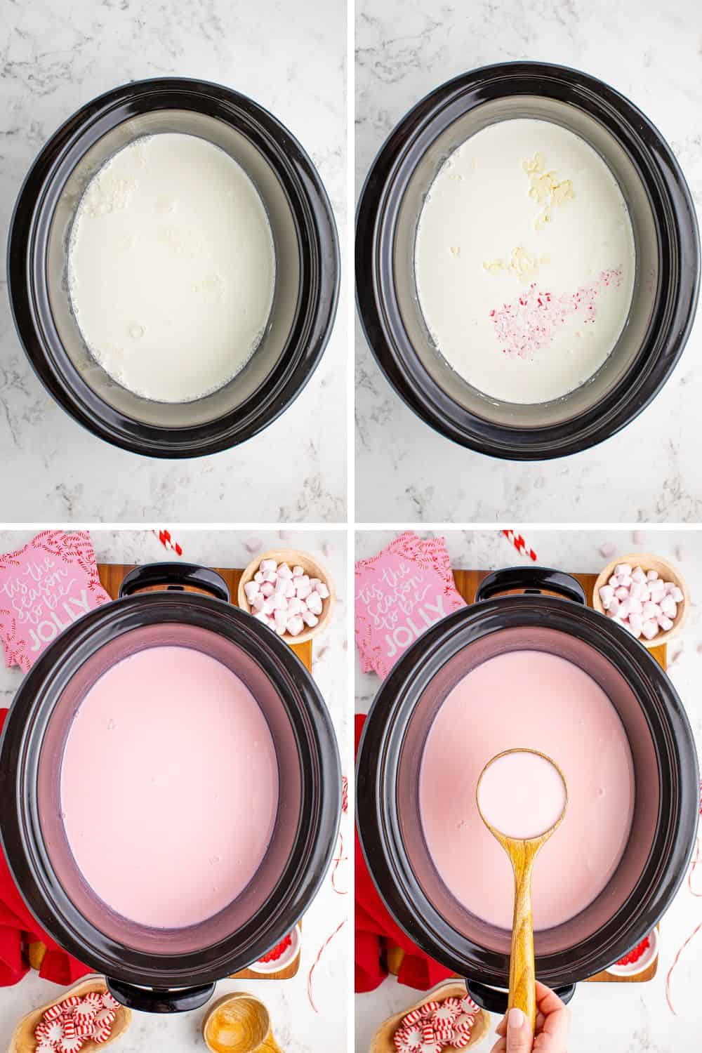 Overhead view of steps to make Pink Hot Cocoa in the slow cooker.