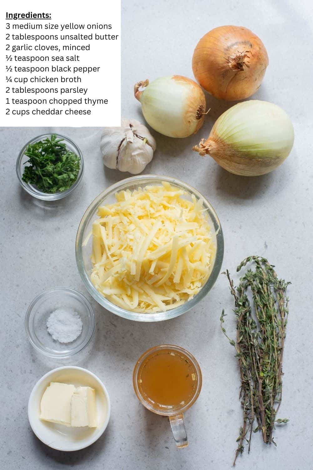 Overhead view of Baked French Onion Soup Dip Ingredients.