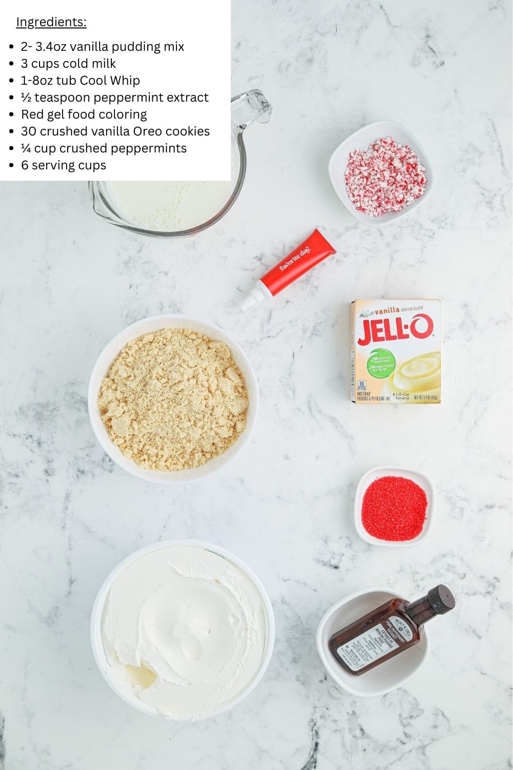 Overhead view of peppermint pudding cups ingedients.