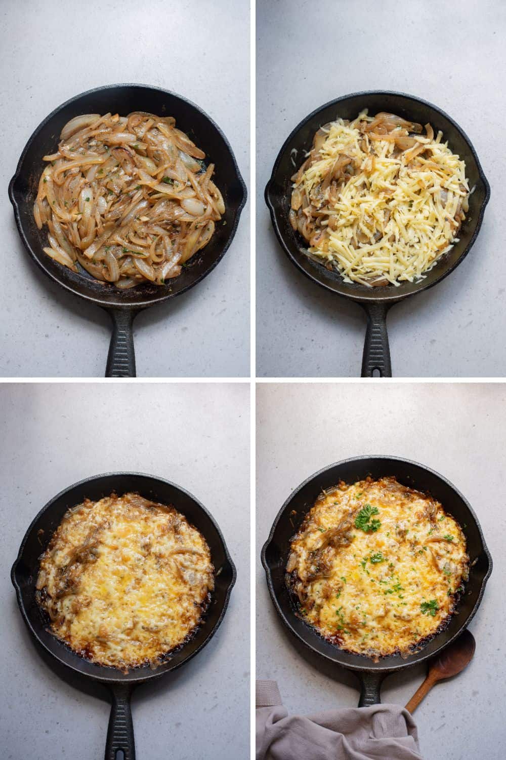 Overhead view of steps to make Baked French Onion Soup Dip. 