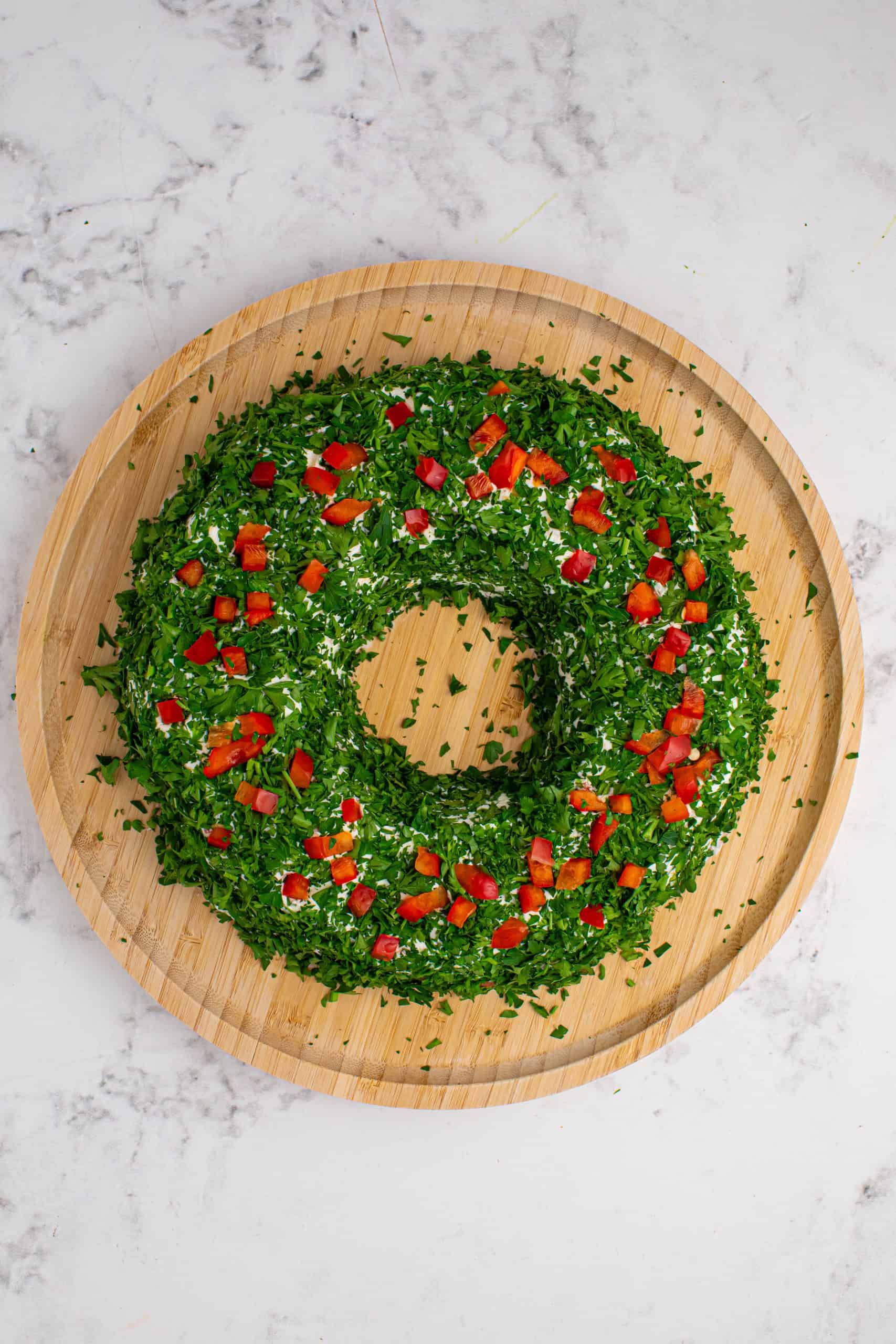 Overhead view of Cheeseball Christmas Wreath.