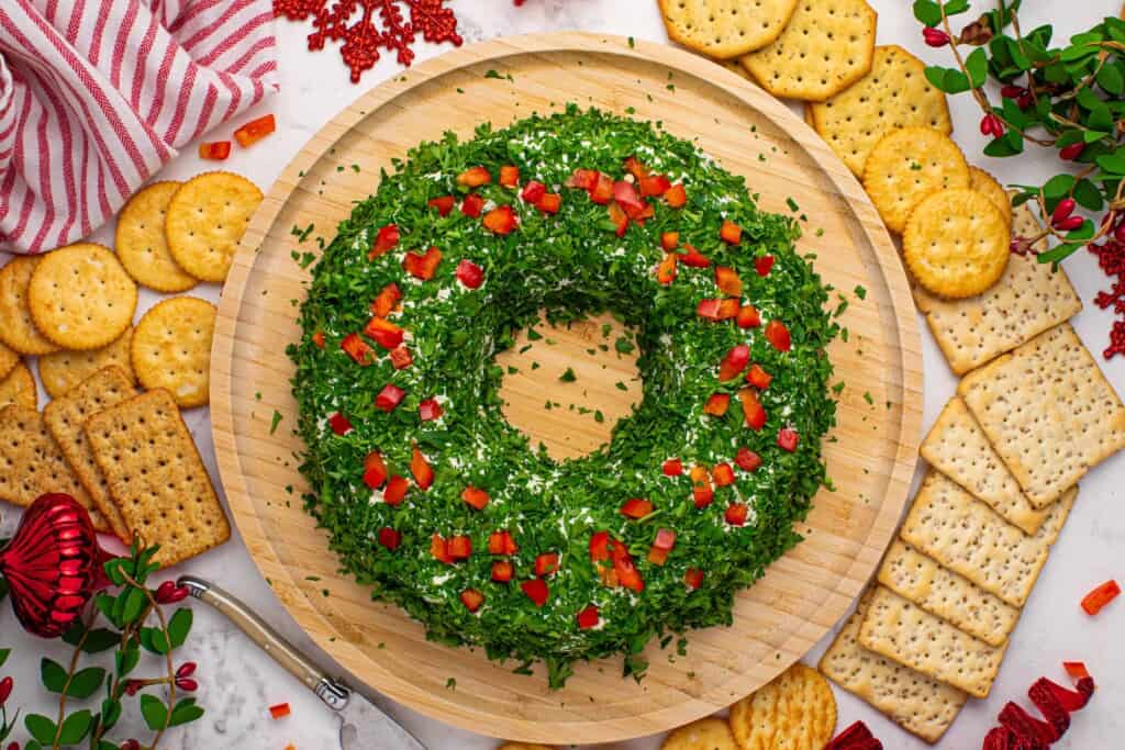 Overhead view of Christmas Cheese Ball Wreath.