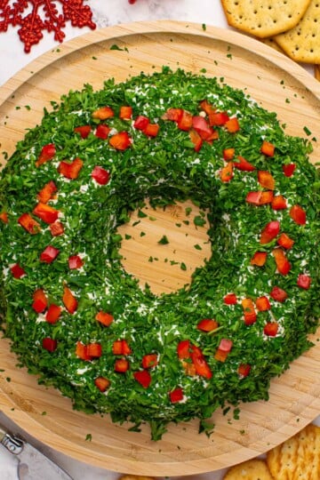 Overhead view of Christmas Cheese Ball Wreath.