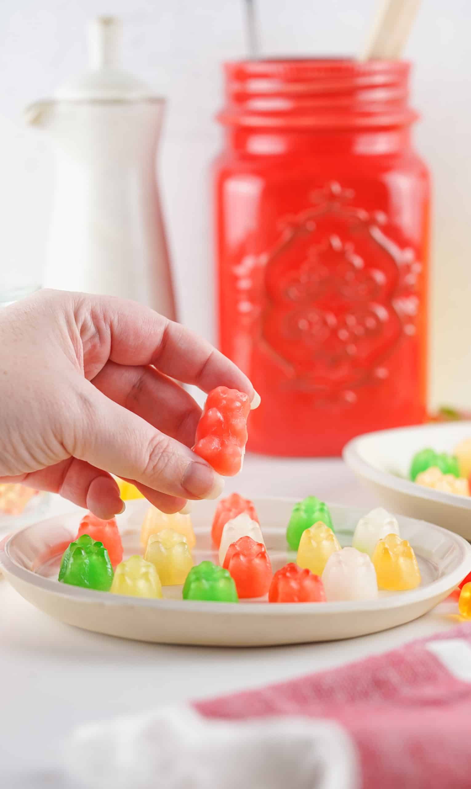 Frozen gummy bears in a bowl.