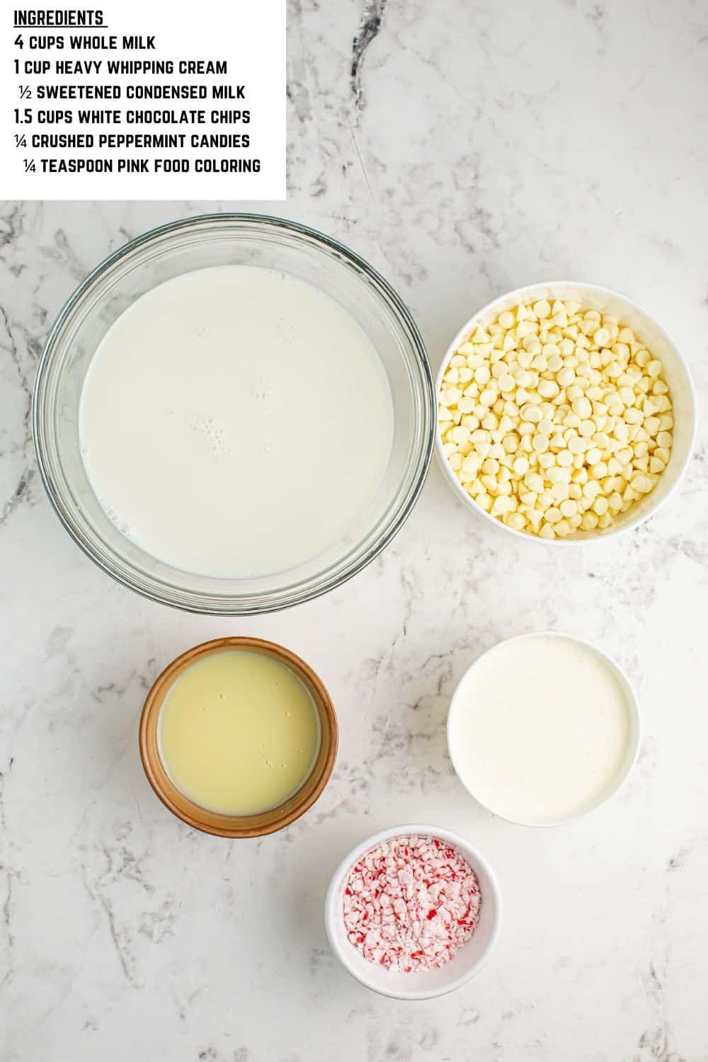 Overhead photo of ingredients for pink hot cocoa.