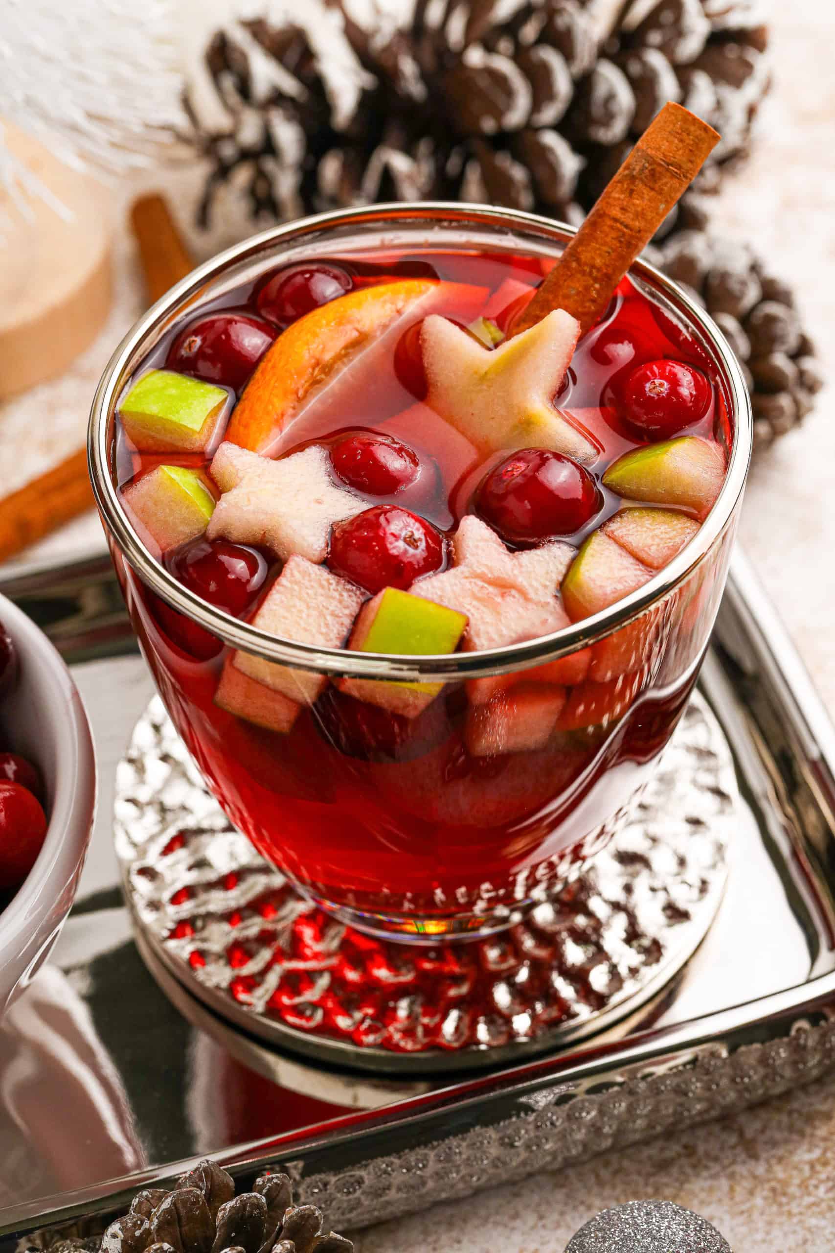 Overhead view of glass mug filled with holiday sangria.