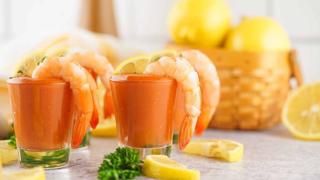 Head-on view of shrimp cocktail shooters.