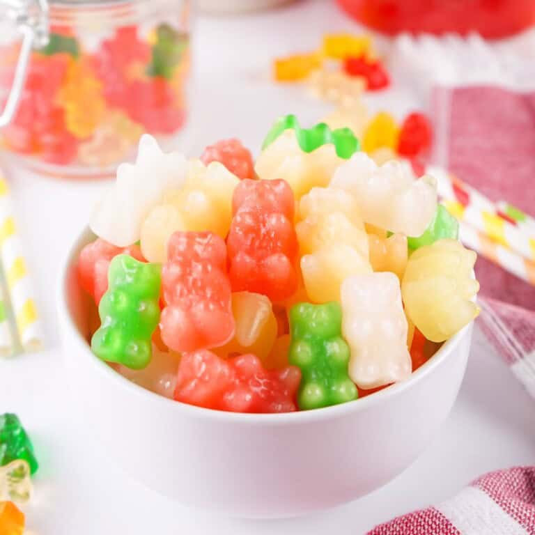 Viral frozen gummy bears with Sprite in a white bowl.