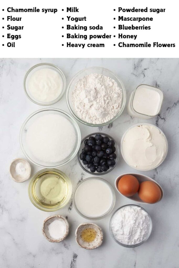 Overhead view of Chamomile Honey Blueberry Cake Ingredients