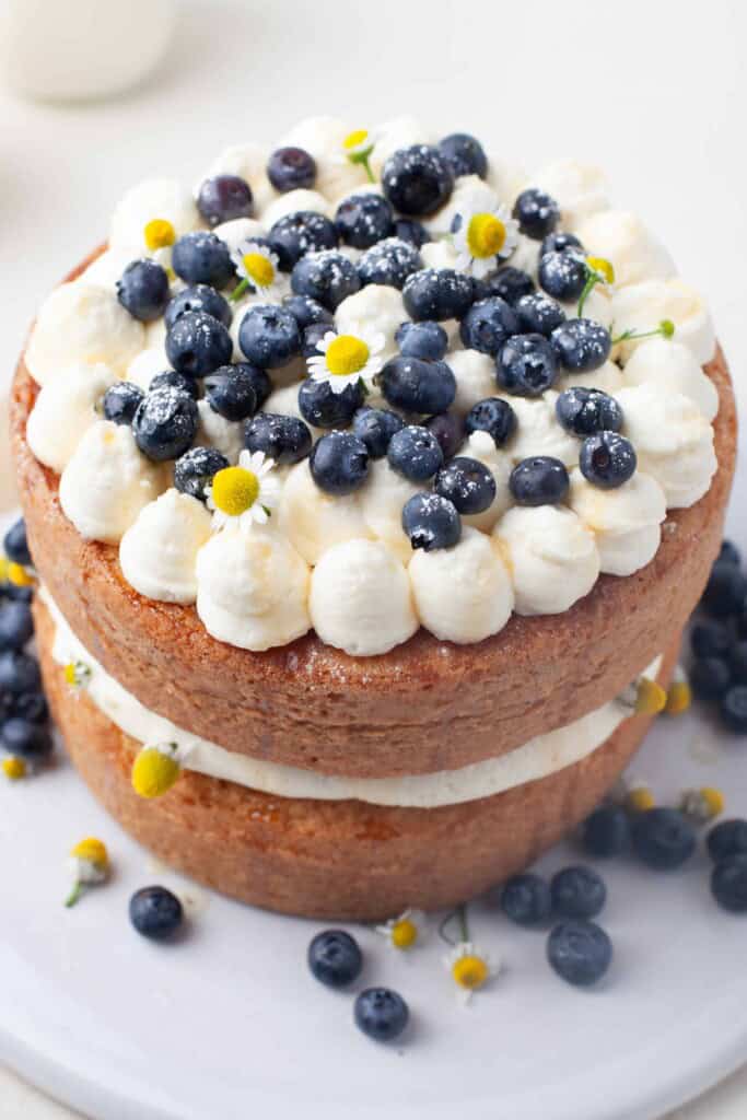 Overhead view of blueberry honey chamomile layer cake.