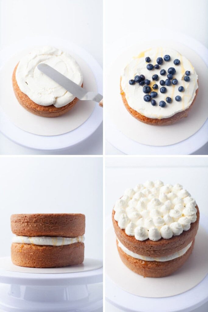 Steps for making the chamomile cake topped with blueberries.