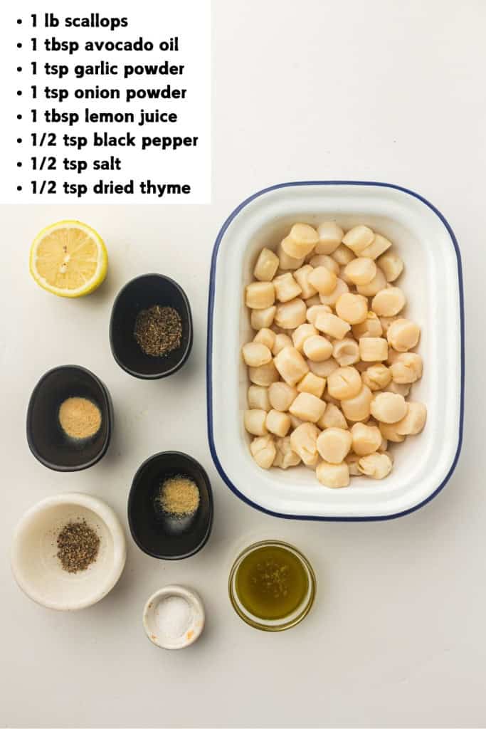 Overhead view of air fryer scallops ingredients.