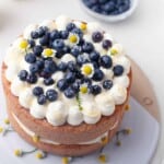 Overhead view of blueberry honey chamomile cake.