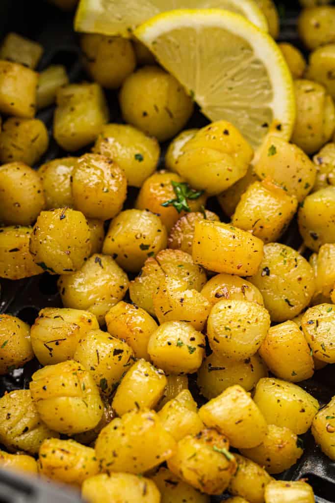 Overhead view of scallops cooked in ballet.