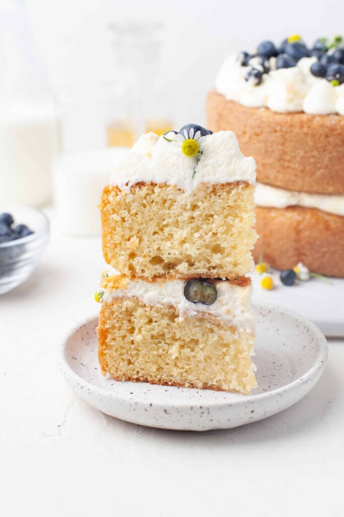 Slice of honey chamomile blueberry cake.