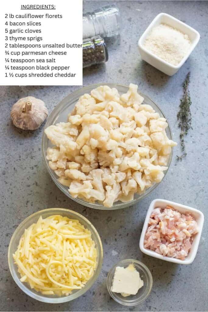 Overhead view of ingredients for Loaded Cauliflower Casserole.