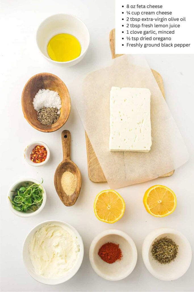 Overhead view of whipped feta dip ingredients.