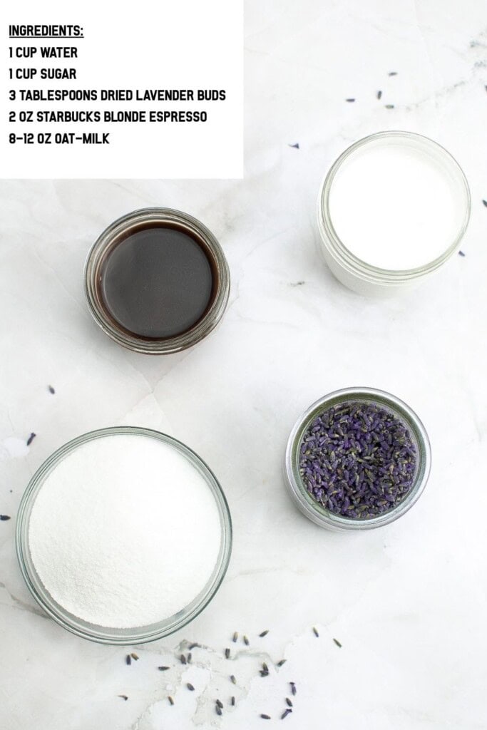 Overhead view of ingredients for lavender latte.