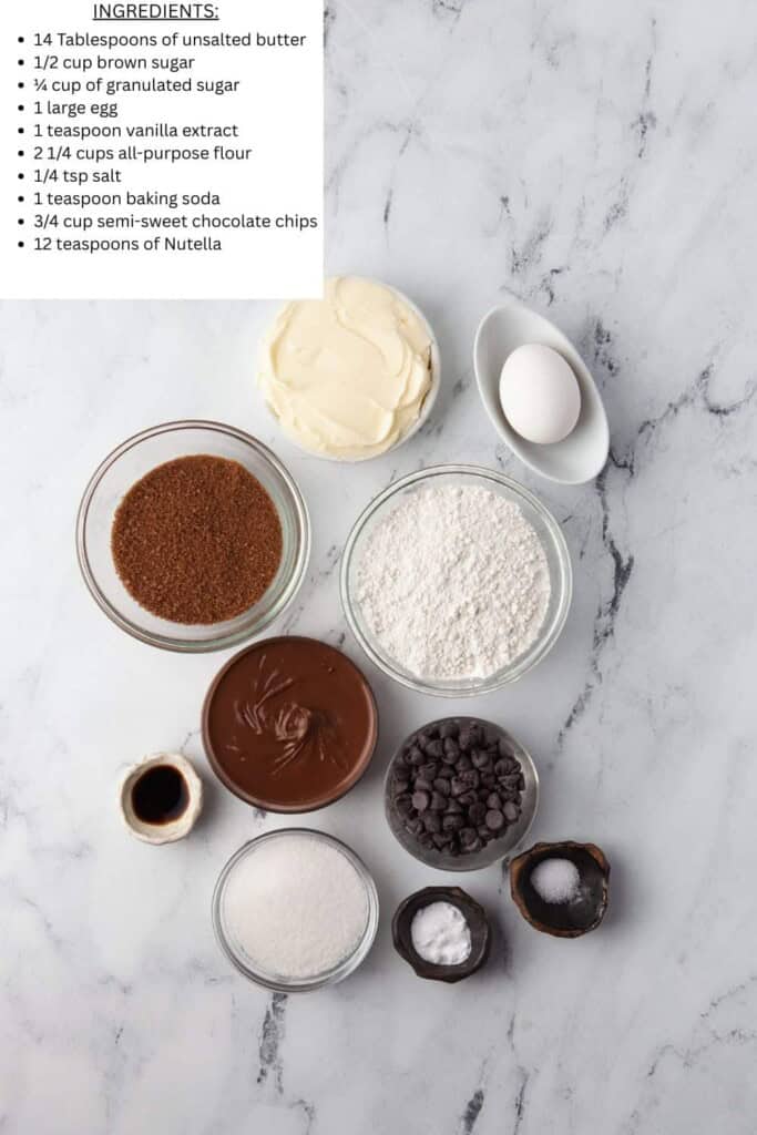 Overhead view of ingredients for nutella chocolate chip cookies.