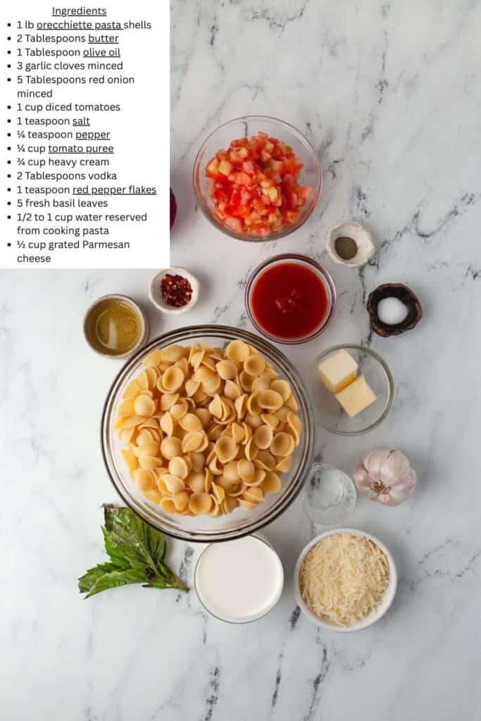 Overhead view of Pasta alla Vodka Ingredients.