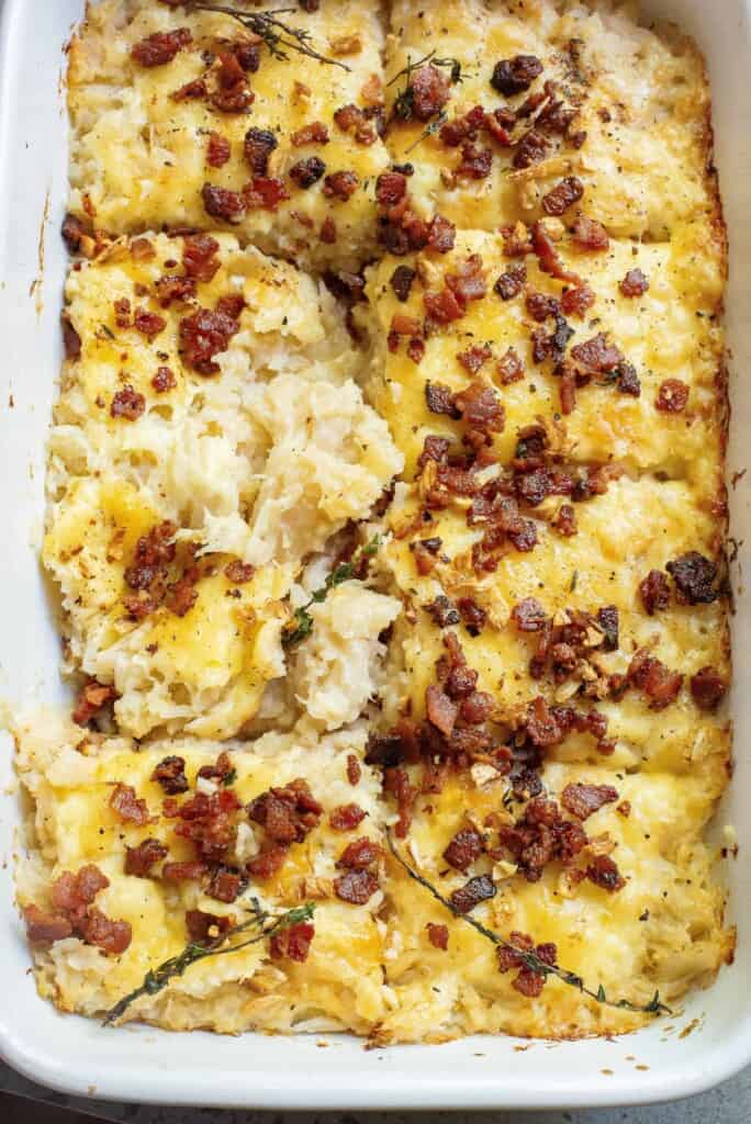 Overhead view of cheesy bacon casserole.