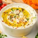 Overhead view of feta dip in a bowl.
