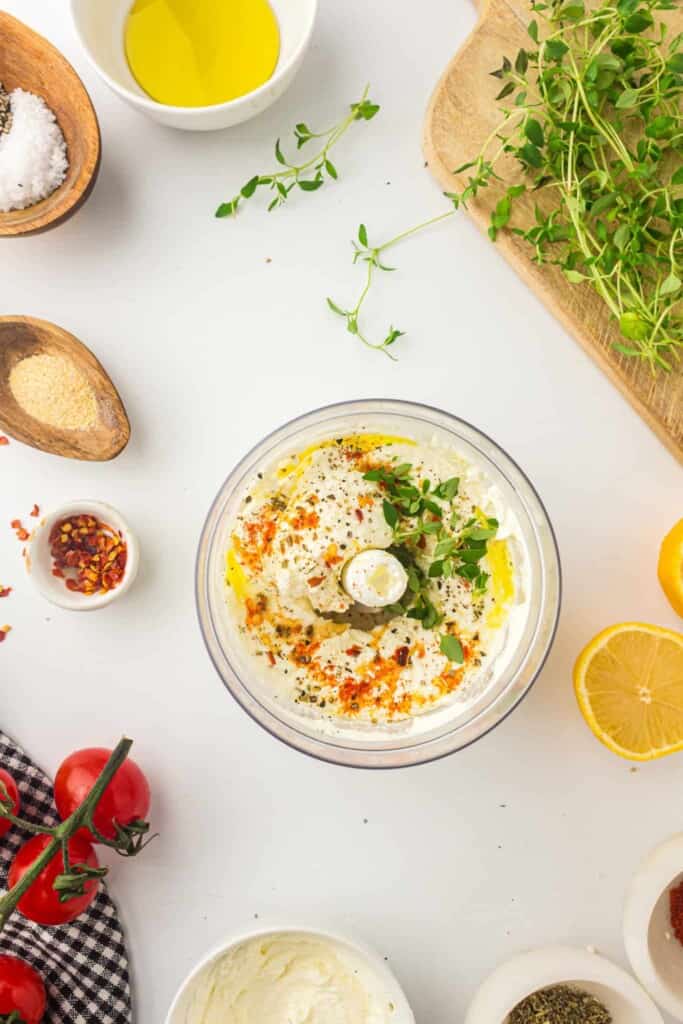 Feta dip in a food processor.