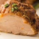 Headon view of sliced pork tenderloin.