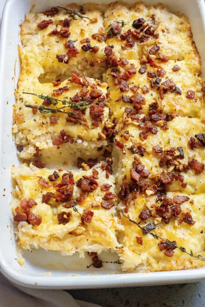 Overhead view of bacon cheese cauliflower casserole.