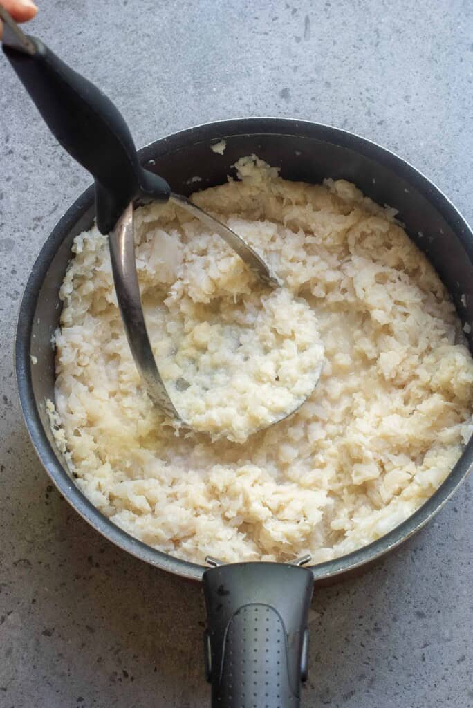Overhead view of mashed cauliflower.