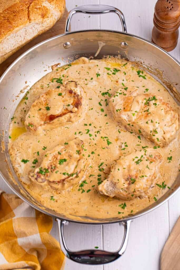 Overhead view of Ranch mushroom pork chops.